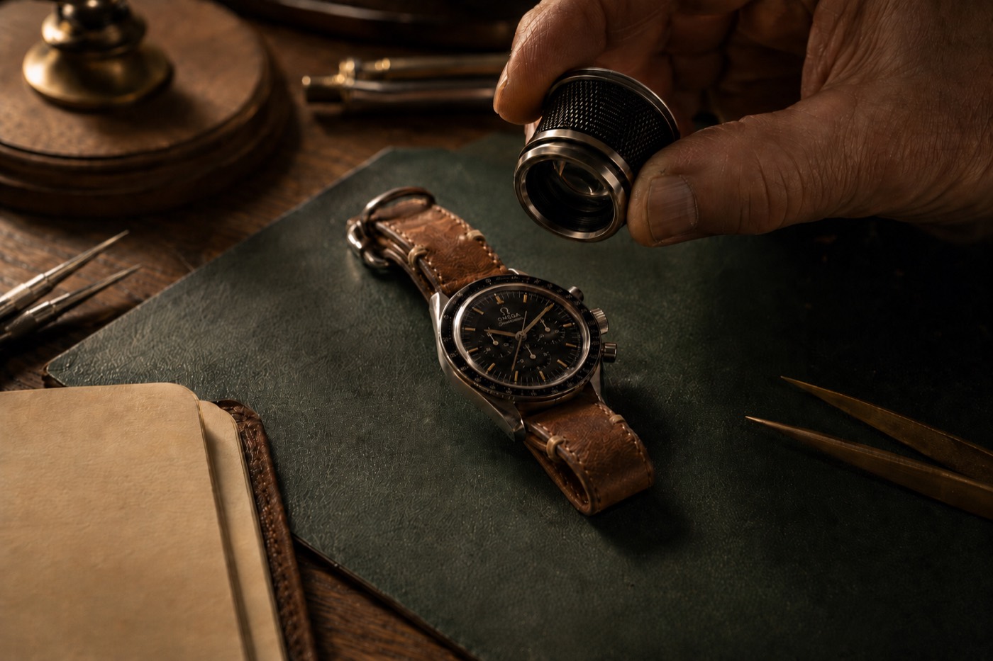 Inspecting the watch dial with a jeweler's loupe