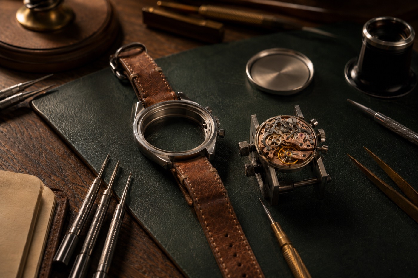 The movement out of the case in a movement holder
