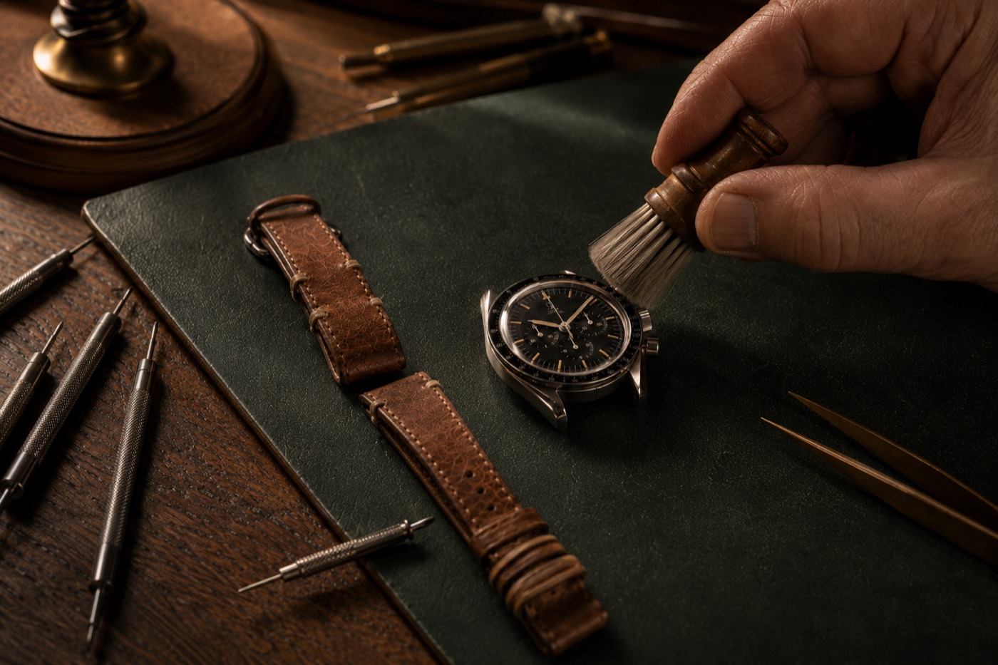 Gently cleaning the watch case with a soft brush