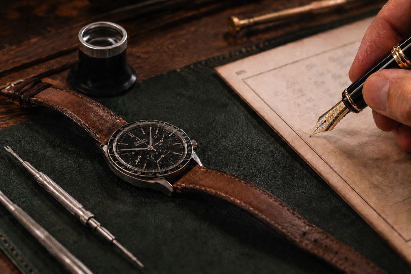 Writing the service report beside the finished watch