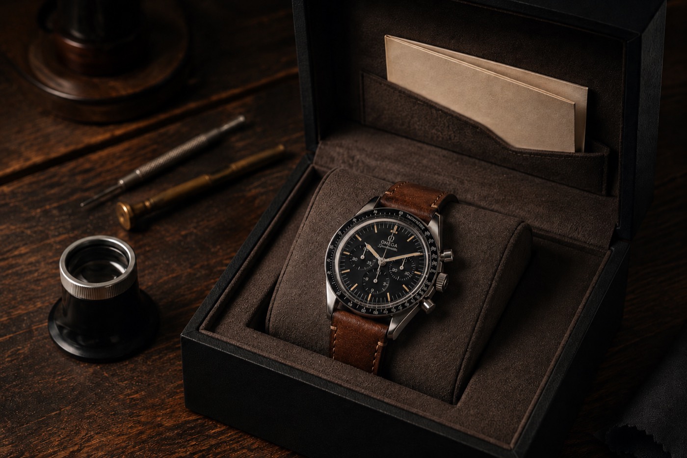 The finished watch boxed with its service report